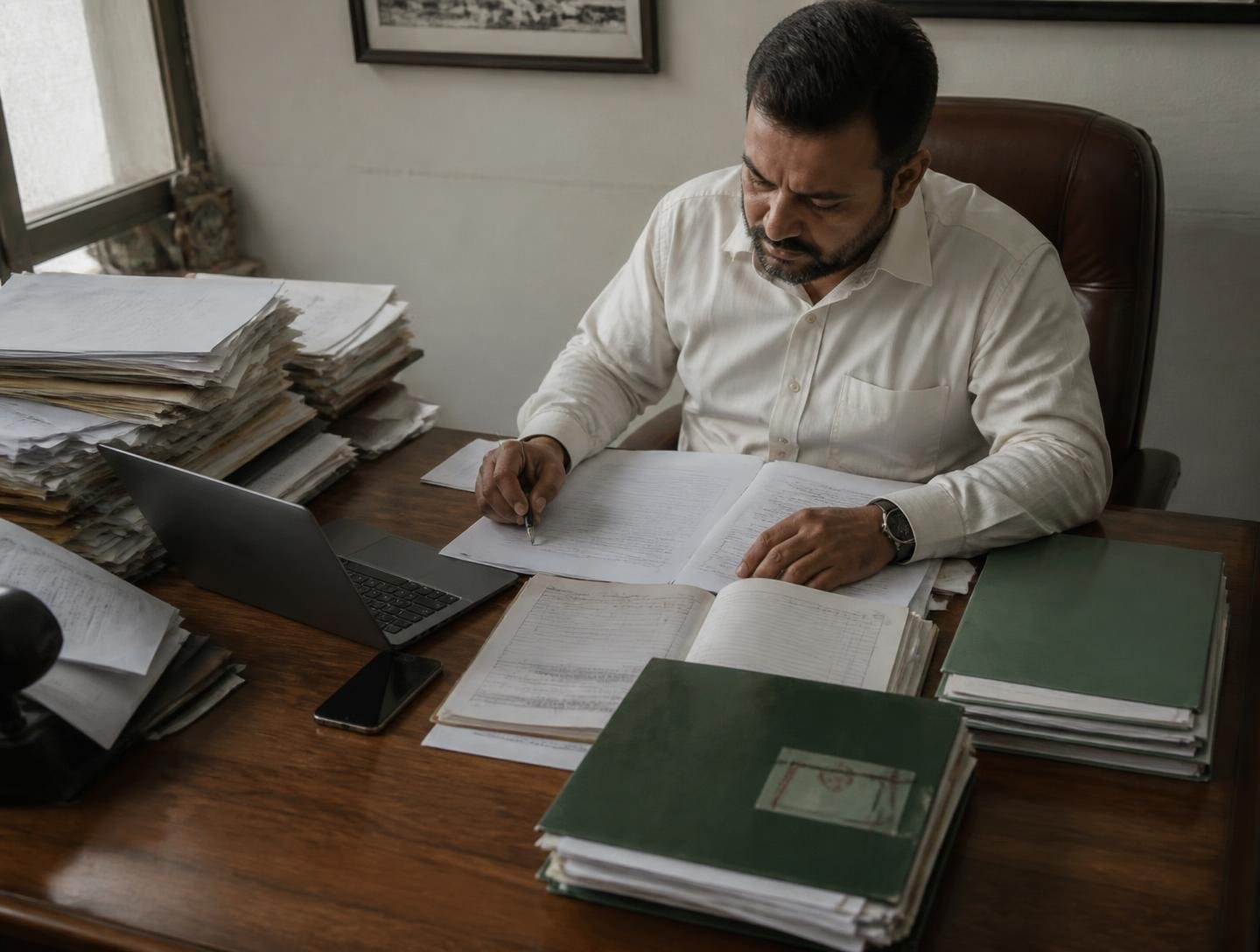 A business owner at a desk in Pakistan, registration papers stacked on one side and sorted into a neat file on the other.
