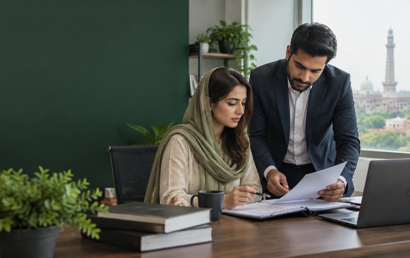 A Pakistani entrepreneur reviewing registration documents with a business adviser