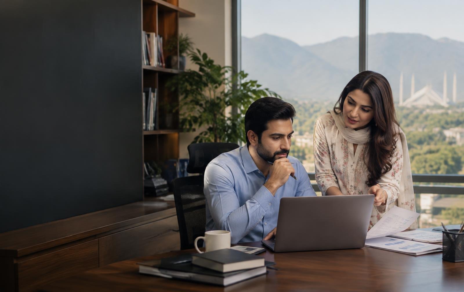A Pakistani professional reviewing tax records with an adviser